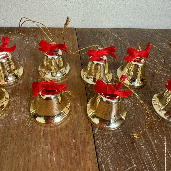 Set of 10 Metal Gold Bells Red‎ Bow Christmas Ornament bundle Lot - Picture 5 of 6